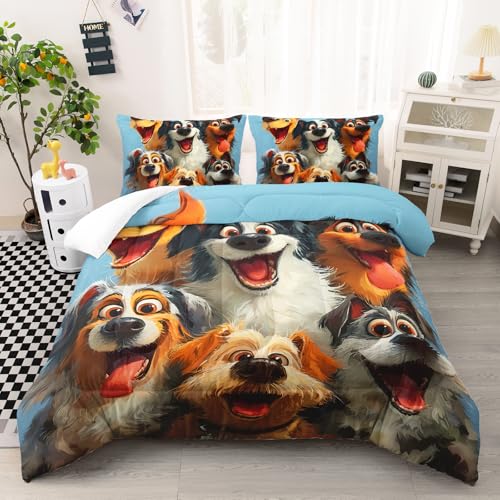 Image of AILONEN Cartoon Dogs Puppy Theme Comforter Set Queen Size,Blue Happy Animal Bedding Sets for Boys Girls,Pet Animal Duvet Set,Soft Microfiber,3 Pieces,1 Quilt and 2 Pillowcases