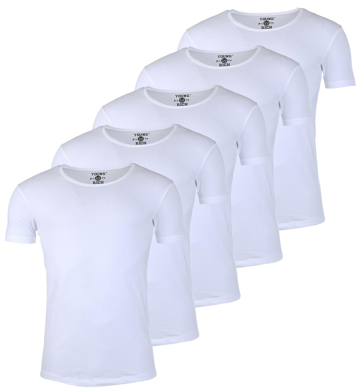 Young & Rich Herren Uni T-Shirt mit tiefem Rundhals Ausschnitt einfarbig körperbetontes Basic Tee Vintage Look - 1702 5er Pack