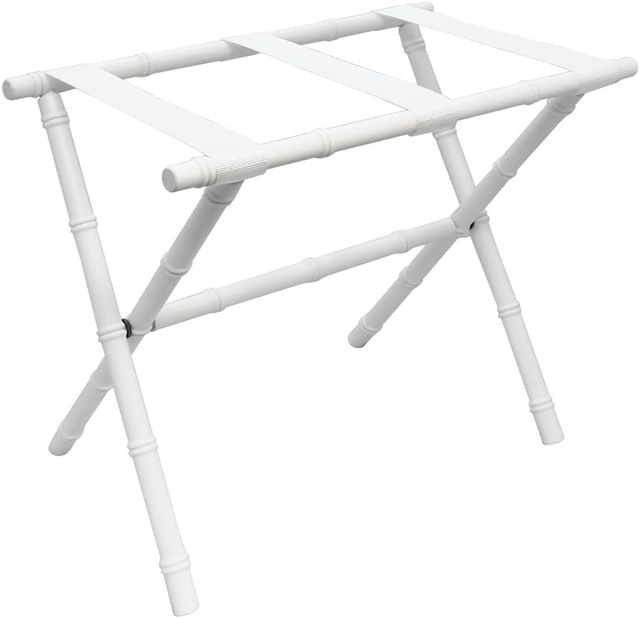 Gate House Furniture White Folding Bamboo Shaped Luggage Rack with White Nylon Straps