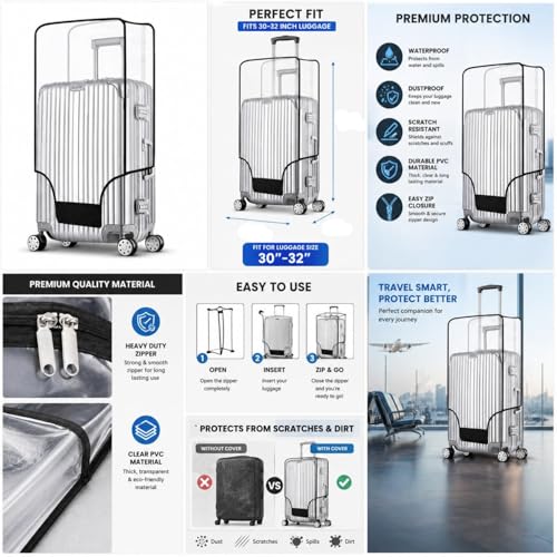 Image of Cover for Hard Luggage Trolley Bags Transparent Protective Covers PVC Fabric Waterproof Clear Suitcase Cover Protectors Travel Dustproof Luggage Cover (32 inch)