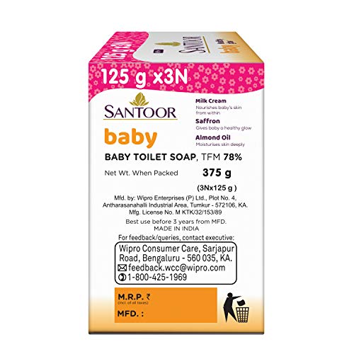 Image of Santoor Baby Soap with Milk Cream, Saffron and Almond Oil, 125g (Pack of 3) & Santoor Perfumed Body Lotion for Whitening & UV Protection with Sandalwood & Sakura Extracts, 250ml (Buy 1 Get 1)