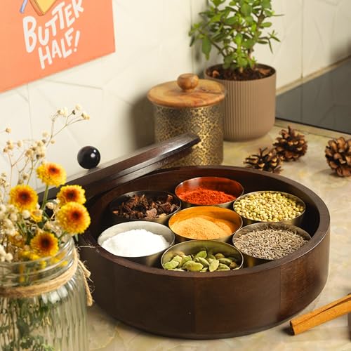 Image of Handcrafted Wooden Spice Box with Lid - Round Masala Dabba Organizer with 7 Stainless Steel Containers for Spices, Condiments & Kitchen Storage