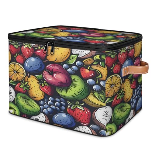 Snatocys Storage Bins with Zipper Lid Fruit Storage Boxes with Handles, Foldable Lidded Fabric Home Cubes Baskets Closet Clothes Organizer, Various Fruit 14 x 10.2 x 10.4 IN