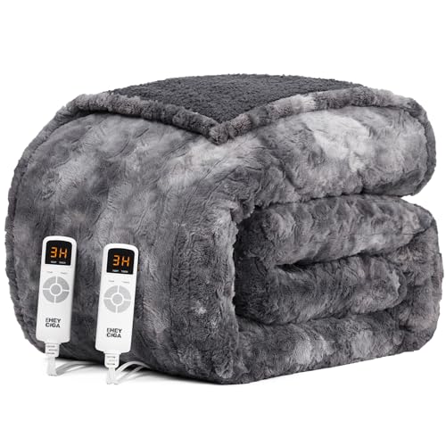 EHEYCIGA Electric Heated Blanket Queen Size Faux Fur, 10 Hours Auto Shut Off 9 Heating Levels Heating Blanket with Dual Control, Soft Warm Heated Blanket Fast Heating Grey, Faux Fur & Sherpa