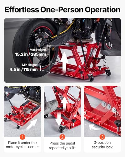 Image of VEVOR Hydraulic Motorcycle Lift Jack, 1500 lbs Capacity, ATV Lift Jack Portable Motorcycle Hoist Stand with 4 Wheels, 4.5 inch-15.2 inch Height Range, Hydraulic Foot-Operated Hoist Stand for ATVs, Dirt Bikes
