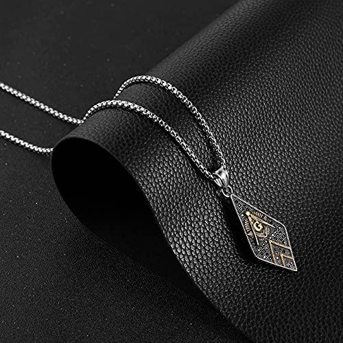 Hzman Black Cubic Zirconia Freemason Symbol Masonic Stainless Steel Pendant Necklace 22+2 Inch Chain (Silver & Gold) #TOP3