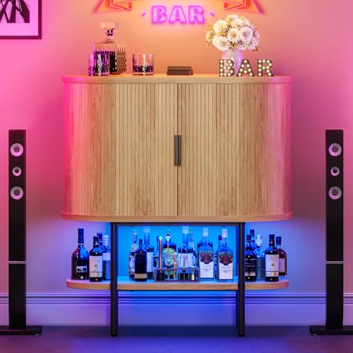 DWVO Bar Cabinet with LED Lights, Oval-Shaped Wine Bar Table with 2 Glass Holders, 4 Wine Racks, Open Shelf, Fluted Coffee Bar Liquor Cabinet for Home, Kitchen, Living Room, Natural Oak