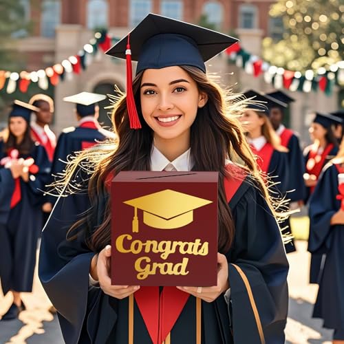 Image of OLANRUN 9 inch Graduation Card Box, Graduation Decorations 2026 - Congrats Grad Foldable Cardstock Money Box for Class of 2026 Grad Party Decor (Red Gold)