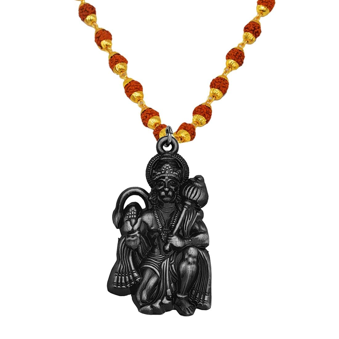 Lord Pawan Putra Hanuman Locket With Gold Plated Cap Panchmukhi Rudraksha Mala Brass And Wood Religious Jewellery Pendant Necklace Chain For Men And Women