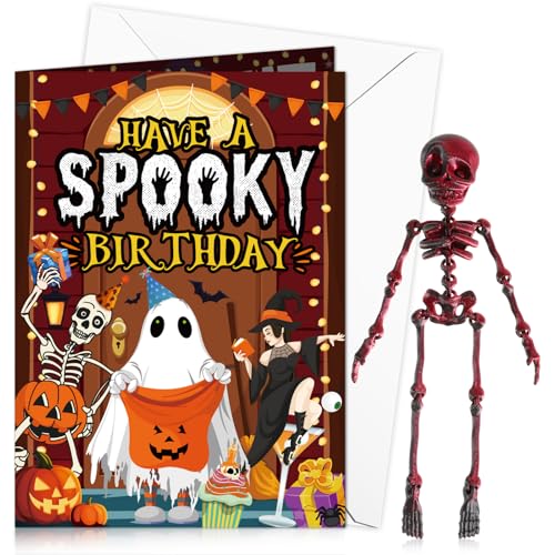 HOWAF Halloween Birthday Card, Boo Spooky Birthday Card & Small Skeleton Figure Skeleton Toy, Gifts for Birthday, Halloween Gifts for Kids Adults