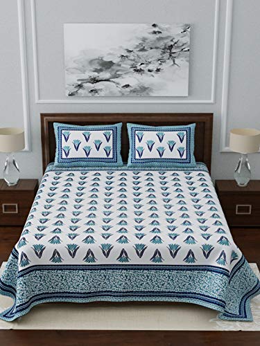 Image of LIVING ROOTS Ethnic Rajasthani /Jaipuri /Sanganeri Block Print 100% Cotton Super King Size 100 * 108 Bedsheet with 2 Pillow Covers (43A)