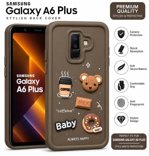 Image of Bintage Back Cover Compatible for Samsung Galaxy A6 Plus 4G | Cute 3D Taddy Ball Bear Milk Cake Coffee Silicon Case Full Body & Camera Protection - Brown