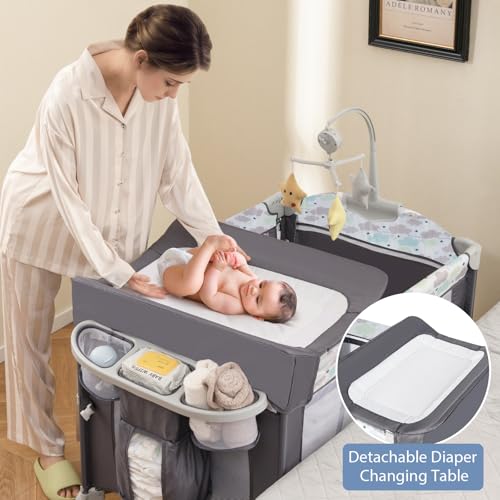 Image of BABY JOY 5-in-1 Pack and Play, Portable Baby Bedside Sleeper with Bassinet, U-Shaped Diaper Changer, Safety Strap, Side Zipper Entrance, Hangings, Bedside Crib Playard from Newborn to Toddlers (Gray)