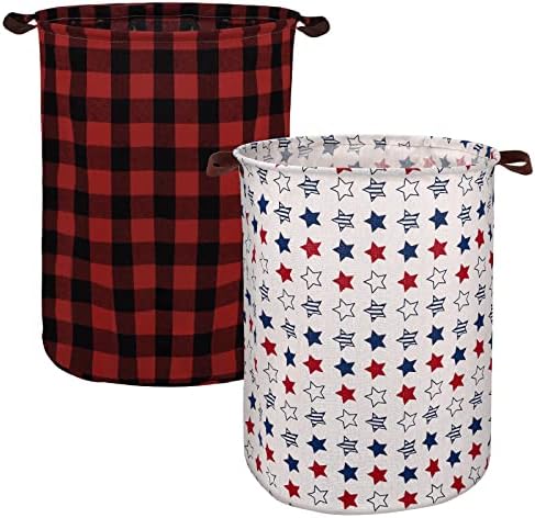 Seebel Storage Basket,Nursery Hamper Canvas Laundry Basket Foldable with Waterproof PE Coating Large Storage Baskets for Kids Boys and Girls,Office,Bedroom,Clothes,Toys(Chrismas Buffalo Plaid,Stars)