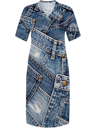 Image of SUZONANA Plus Size Denim Print Maxi Dresses for Women Casual V Neck Short Sleeve with Pockets Soft Jean Look Dress XL-6XL