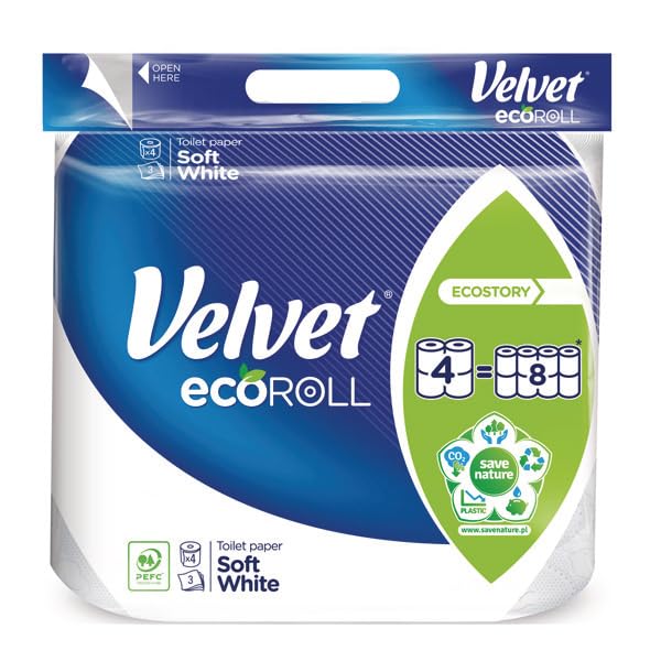 VELVET Toilettenpapier Expert, Hygienepapier 3-lagig, 4 Rollen, Weiß Wc Papier/insg. 1200 Blätter/ 300 Blätter pro Rolle
