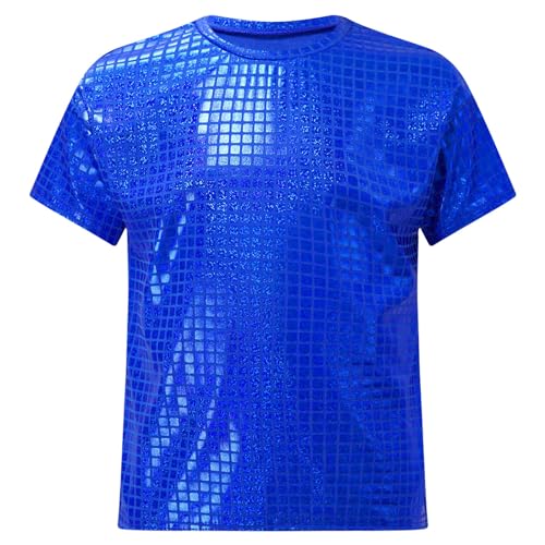 JanJean Big Kids Girls Shiny Metallic Sleeveless Jazz Hip Hop Dance Tops Loose Sparkle T-Shirt Club Party Dress Up Blue 11-12 Years