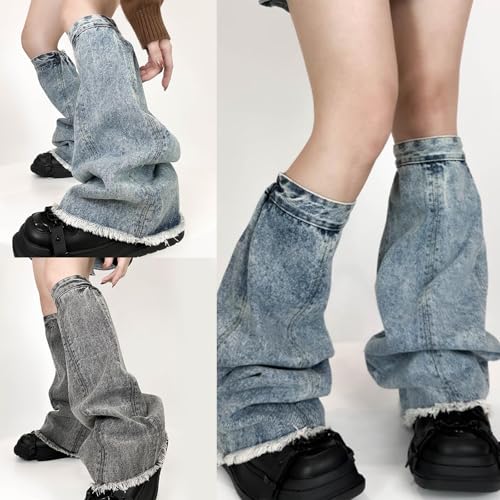 Women Distressed Jeans Leg Warmer Elastic Cuffs Punk Washed Denims Flared Boot Covers Footless Long Socks Streetwear3