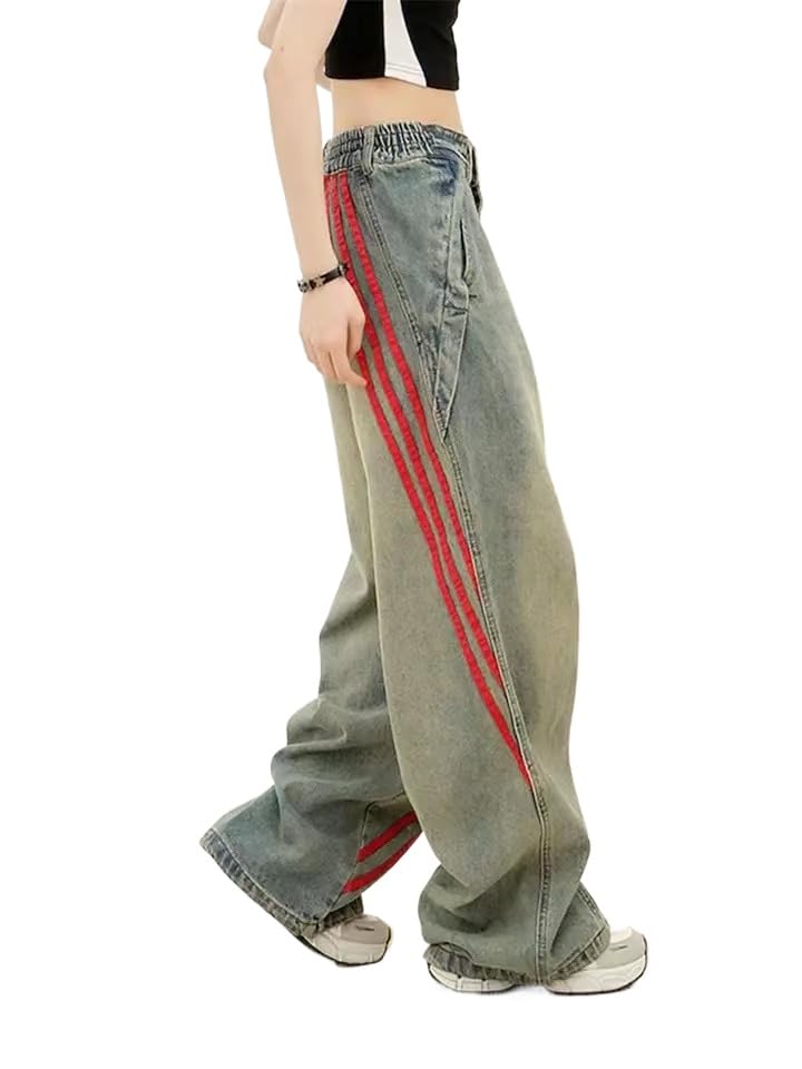 Vintage Grunge Red Striped Wide Leg High Waist Jeans Patchwork Harajuku Hip Hop Casual Trendy Y2k Baggy Pants