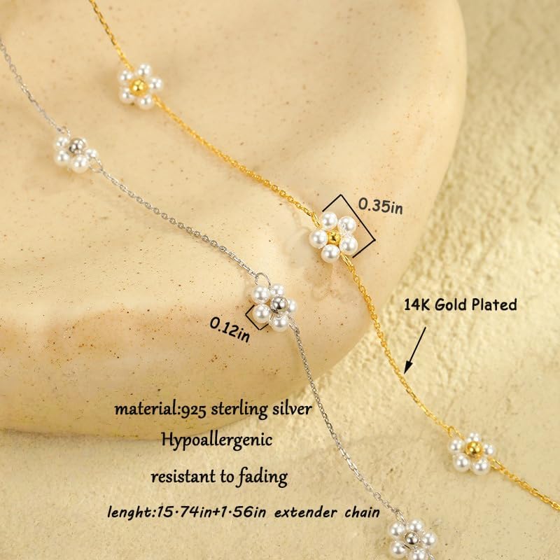 925 Sterling Silver Daisy Pearl Pendant Necklace for Woman 14K Gold Plated Dainty Pearl Flower Choker Necklaces to Mother Daughter Minimalist Elegant Trendy Valentines Wedding Jewelry Gift - Image 3