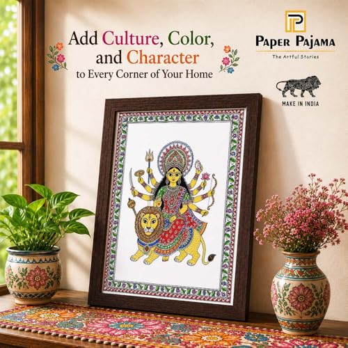 Image of PAPER PAJAMA Goddess Durga Vastu Wall Art for Living Room | Madhubani Maa Durga Painting with Lion | Traditional Mithila Religious Framed Decor for Home Temple & Office (10x13 Inches)