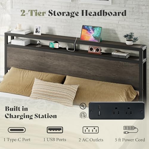 Image of AMERLIFE King Size Bed Frame with Storage Headboard & Charging Station, Industrial Metal Platform Bed with Large Under-Bed Storage, Heavy Duty Slats, No Box Spring Needed, Rustic Grey