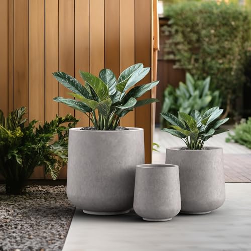 Image of Kante Set of 3 CON Gray Concrete Curved Planters 16.5 inch 13 inch 9.4 inch Dia | Drainage for Outdoor, Rubber Plug for Indoor Home, All-Weather Cement Pot, Handcraft, Lightweight & Durable, Anti-UV, Round