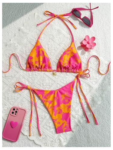 GORGLITTER Women's Floral Bow String Bikini Set Triangle Halter Swimsuit High Cut Summer Bathing Suit Swimwear 20252