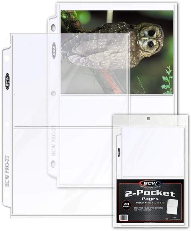 20 (Twenty Pages) - BCW Pro 2-Pocket Page (7-1/8" x 5-1/2" Cards, Postcards or Photos) : Office Products