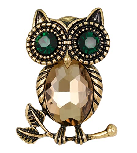 Image of Gyn&Joy Golden Tone Emerald Green Colored Crystal stone Owl Bird Brooch Pin