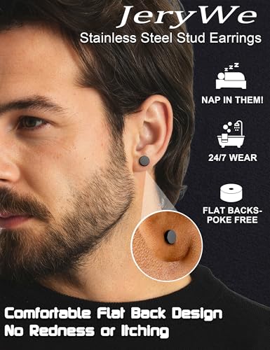 Pendientes oreja tornillo que no se caen con studs estables de acero negro mate y plata de 8mm 3