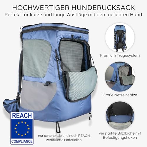 Wanderpfote Hunderucksack bis 12kg - Modell Daypack, Größe M, Blau - Premium Rucksack für kleine bis mittelgroße Hunde mit Höhenverstellbarem Tragesystem und viel Raum für den Hund