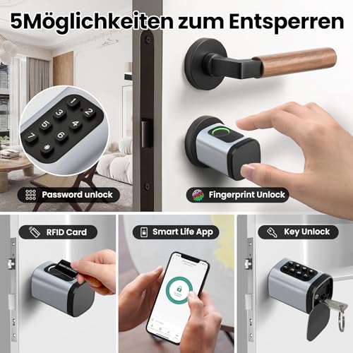 AVATTO Smart Türschloss mit Fingerabdruck und Passwort für 60-90mm Türen, SchließZylinder Länge ist einstellbar, mit Schlüssel, IC-Karte, Unterstützen Smart Life App Fernsteuerung