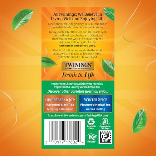 Image of Twinings Tea, Peppermint Cheer 2-Pack, Naturally Caffeine-Free and Vanilla Flavoured Herbal Tea Bags, Individually Wrapped, 20 Count Each
