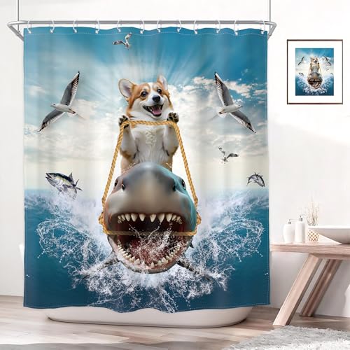 Image of Funny Dog Corgi Ocean Shower Curtain Riding Shark 72Wx72H Inch Decor