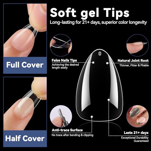 Image of UNA GELLA Short Almond Nail Tips Pre-shape Short Almond Gel Nail Tips 216pcs Press on Nails 12 Sizes Soft Gel Acrylic Clear Fake Full Cover for Nails Extension Home DIY Salon
