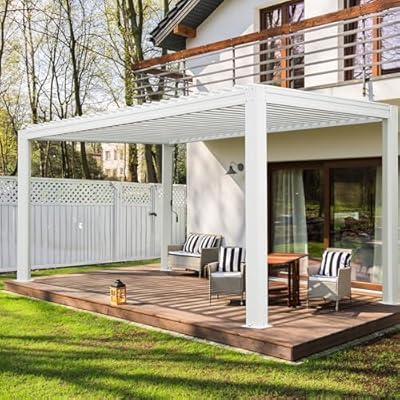 Domi Louvered Pergola 10X13FT with Adjustable Louvered Roof and Drainage Gutter, Outdoor Aluminum Pergola Gazebo for Patio, Backyard, Deck, White