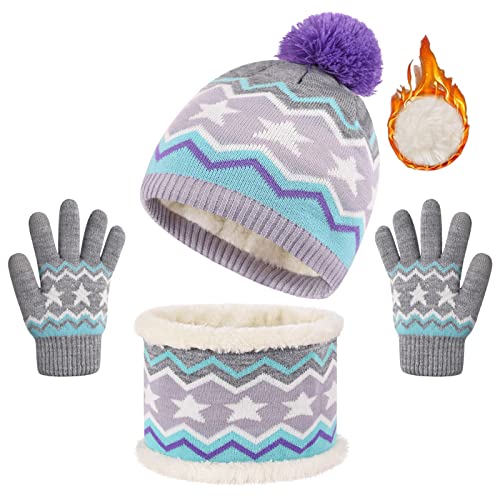TOMEEK 3 Piezas Conjunto Bufanda y Gorro y Guantes de Punto para Niña Niños Caliente de Lana Beanie Gorro y Punto Guantes Unisex 3 a 8 Años, Violeta Cover