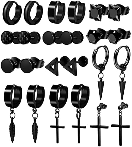 ONESING 12 Pairs Earrings for Men Black Stud Earrings Mens Earrings Black Hoop Earrings Stainless Steel Earrings Set Jewelry Piercings for Men Women