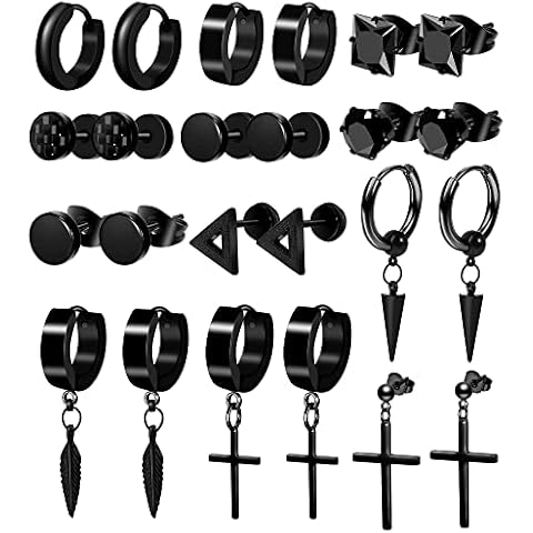 ONESING 12 Pairs Earrings for Men Black Stud Earrings Mens Earrings Black Thin Hoop Earrings Stainless Steel Earrings Set Jewelry Piercings for Men Cover