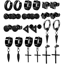 ONESING 12 Pairs Black Stud Earrings Set for Men and Women - Stainless Steel Cross Jewelry Piercings