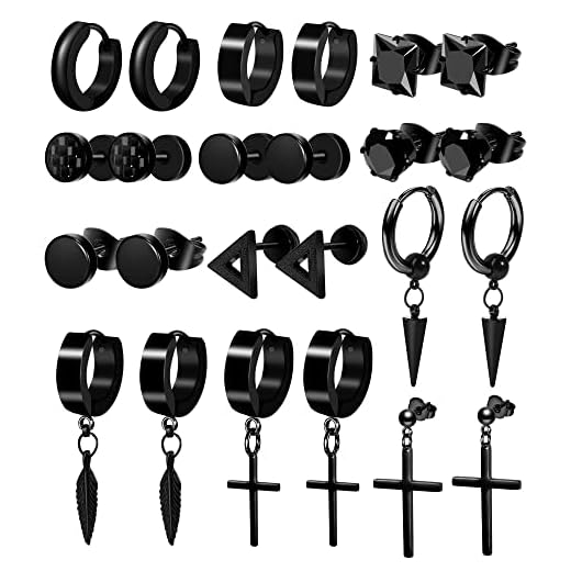 ONESING 12 Pairs Earrings for Men Black Stud Earrings Mens Earrings Black Hoop Earrings Stainless Steel Earrings Set Jewelry Piercings for Men Women