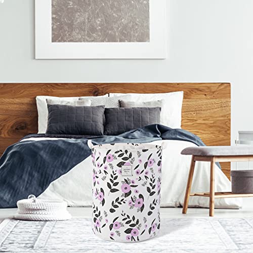 Image of Large Foldable Laundry Basket Organizer Holder portable tall collapsible laundry hamper nusery Storage Basket Bin with Handles Canvas & Waterproof lining for Household Items (Floral Purple)