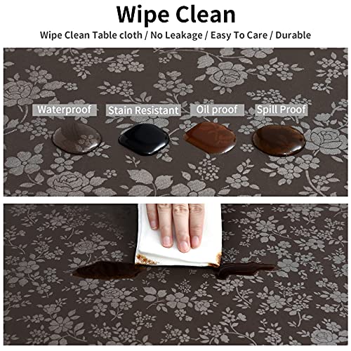 Image of Romanstile Waterproof Vinyl Tablecloth Round, 60 x 60 Inch, Rose Coffee | Flannel Backing Wipeable Table Cloth, Heavy Duty Plastic PU Table Cover for Kitchen Dining, Indoor & Outdoor Use