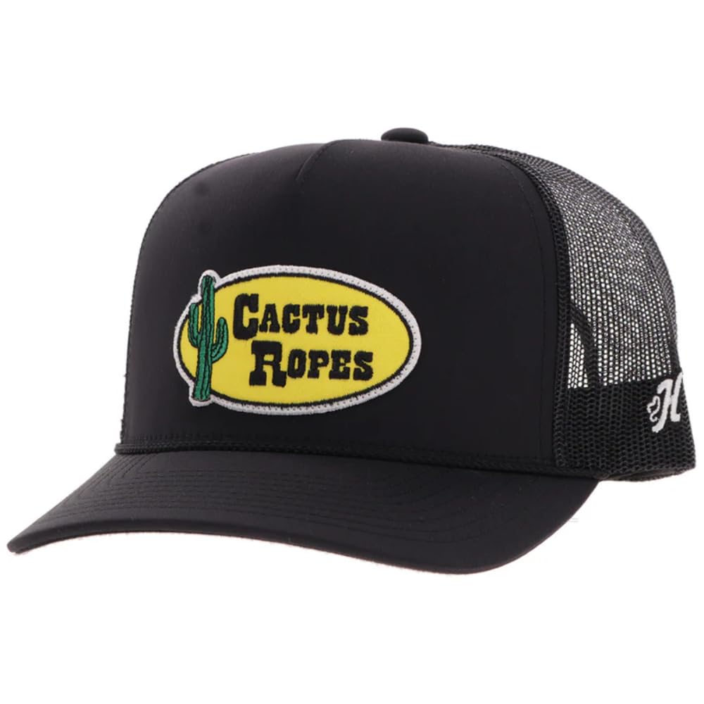 HOOEY Cactus Ropes Circle Patch Trucker Hat for Men – Adjustable Snapback Mesh Baseball Cap - Western Work & Casual Wear, Black/Yellow Patch, One size