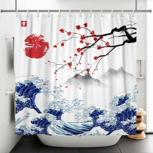 SDOTPMT 180x180cm Japanese Mount Fuji Shower Curtain Cherry Blossom Sunset Asian Ink Painting Bath Curtain Wave Landscape Painting Bathtub Curtain for Bathroom Decor Fabric Waterproof with Hooks - Image 2