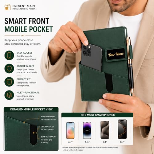 Image of personalised Name Print | A5 Executive Notebook Diary with Mobile Holder, Card Slot & Pen Loop | Premium PU Leather Journal for Office, Meetings & Corporate Gifting | magnetic flap lock