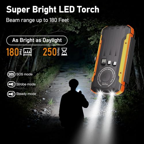 Image of Solar Power Bank 20000mAh Portable Charger Built-in 3 Cables and Wireless Charging Battery Pack Compatible for iPhone, IPX5 Waterproof, Bright Flashlight Perfect for Camping, Hiking, Outdoor