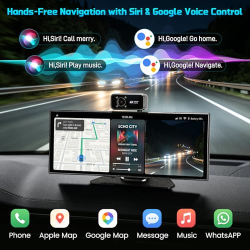 Image of 11.5 inch Largest Wireless CarPlay Screen for Car, Apple CarPlay & Android Auto IPS Touchscreen with 4K Front & 4K Interior Dash Cam, 1080P Backup Cam, Bluetooth, Navigation, Mirror Link, Voice Control,FM