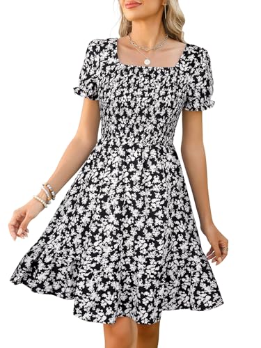 Image of Lyrur Women's Short Sleeve Summer Dresses 2026 Spring Casual Square Neck Easter Dress A-Line Tiered Sundress with Pockets